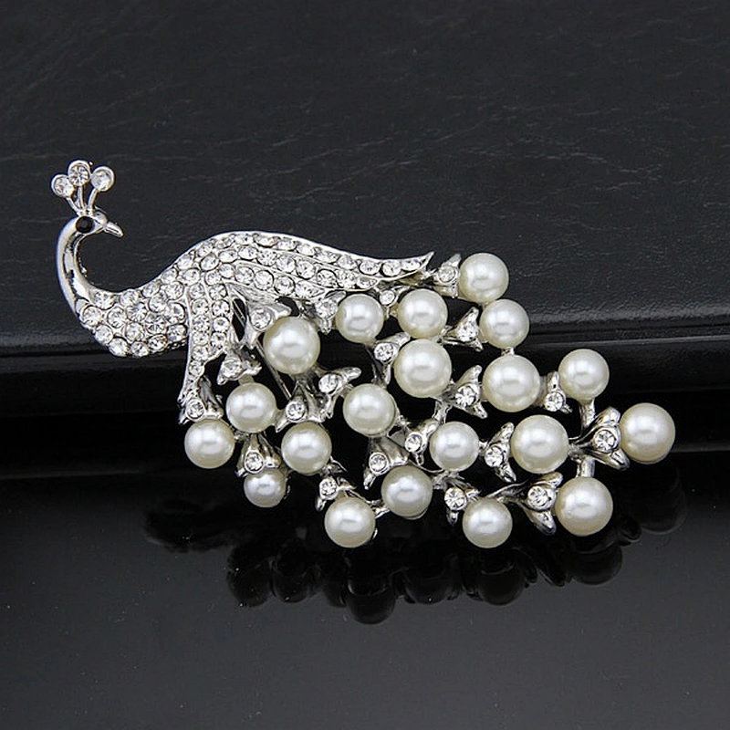 Big Peacock Brooch White Pearl Brooch with Safety Pin