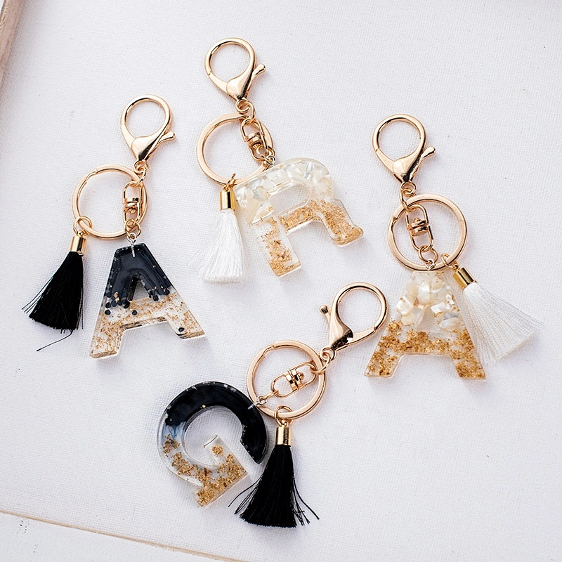 Gradient rainbow colors Enghlish letters shape pink tassel keyring acrylic keychain