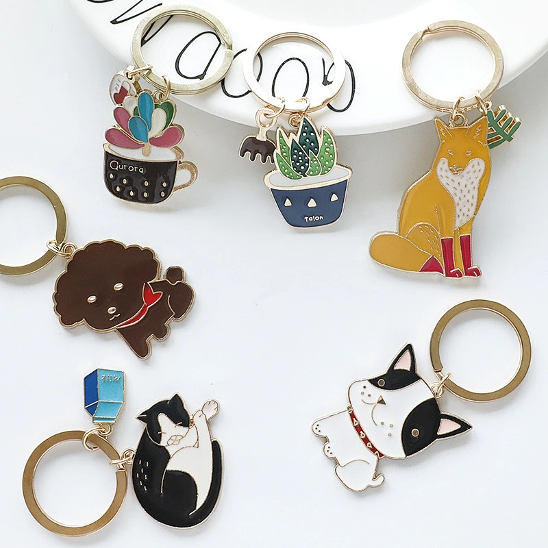 Metal soft enamel plant cute cat cactus keychains custom