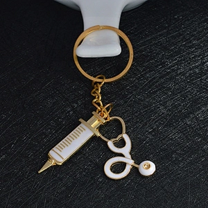 Syringe stethoscope gold keyring medical keychains