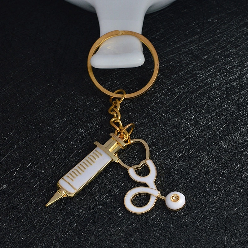 Syringe stethoscope gold keyring medical keychains