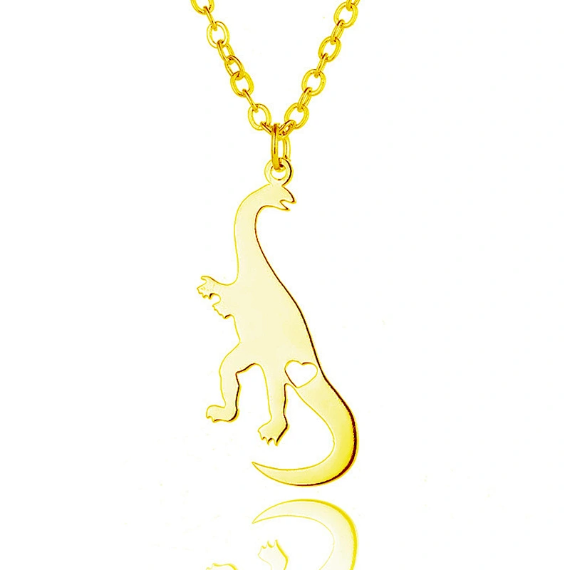 Cute Dinosaur with Heart Love Animal Stainless Steel Gold Plated Necklace Men Pendant