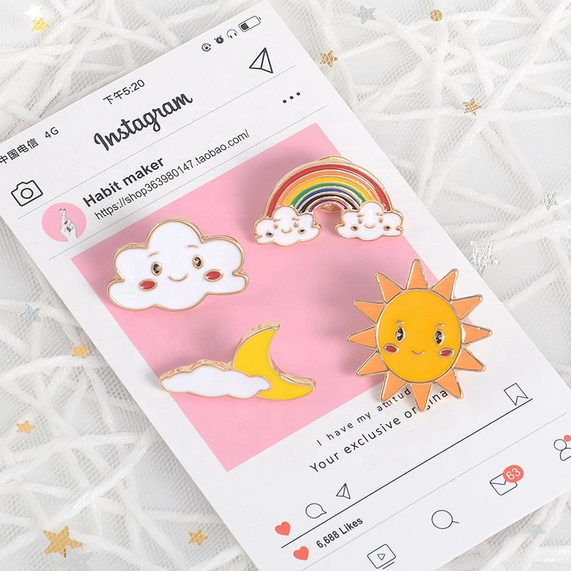 Cute smile sun crescent moon rainbow clouds lapel pins