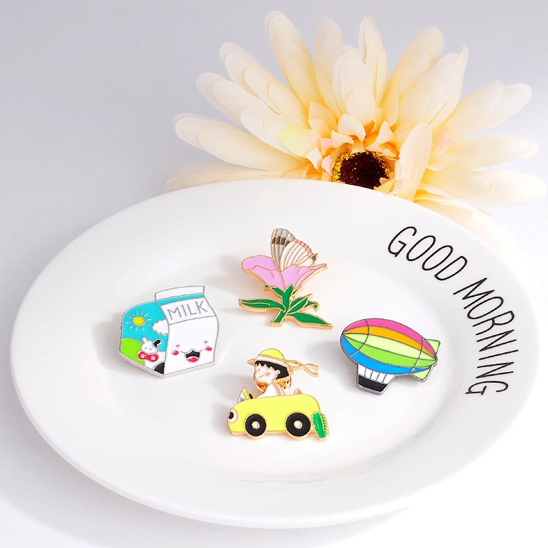 Cute Korean Girl Flower Pins Brooch Milk Box Colorful Hot Air Balloon Enamel Pin Badge Custom