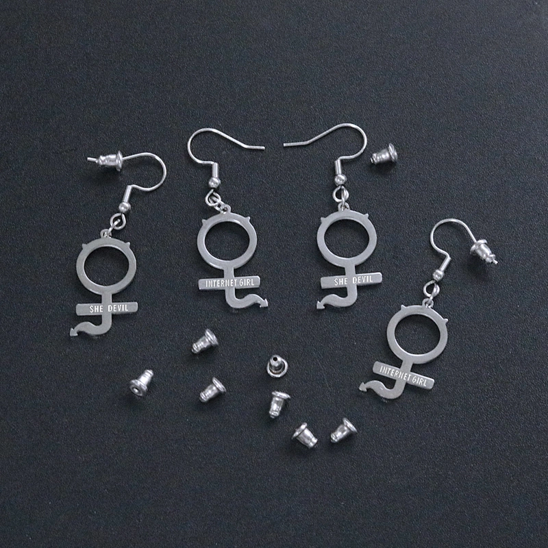 Hot Sale European and American Punk Style SHE DEVIL Earrings Stainless Steel INTERNET GIRL Ear Hooks