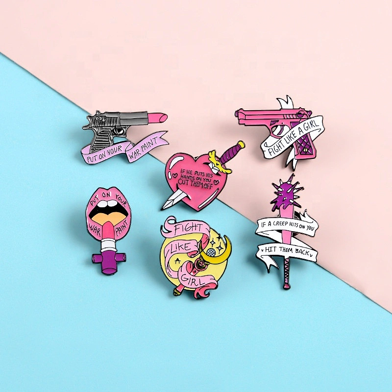 Fight like a girl lipstick gun heart shape feminism lapel pins