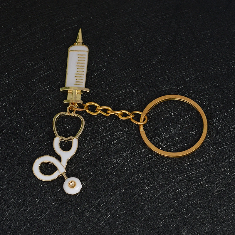 Syringe stethoscope gold keyring medical keychains