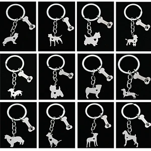 Stainless Steel Pendant Man Keychain Custom Logo Dog Pet Keychains with Bone