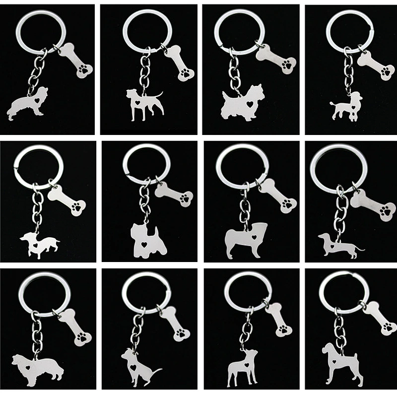 Stainless Steel Pendant Man Keychain Custom Logo Dog Pet Keychains with Bone