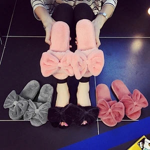 Indoor Bowknot Plush Slippers Female Women's Furry Slippers