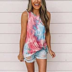 Women Round Neck Tie Dye T Shirts Knotted Printed Vest T-shirt
