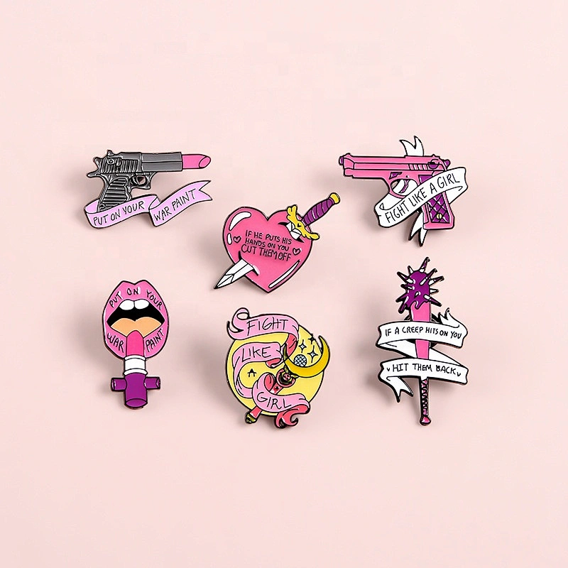 Fight like a girl lipstick gun heart shape feminism lapel pins