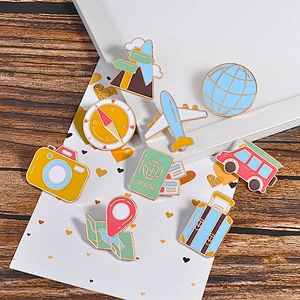 Map Compass Airplane Pin Cartoon Road Sign Camera Earth Custom Travel Clothes Lapel Pins Enamel