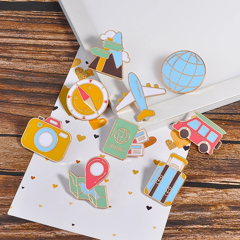 Map Compass Airplane Pin Cartoon Road Sign Camera Earth Custom Travel Clothes Lapel Pins Enamel