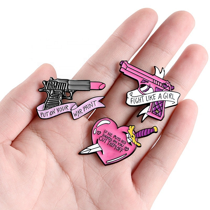 Fight like a girl lipstick gun heart shape feminism lapel pins
