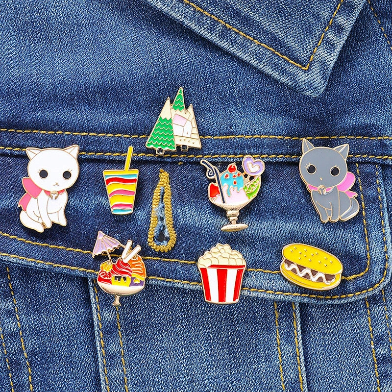 Cute Kitten Burger Ice Cream Popcorn Enamel Pin Brooch Maker