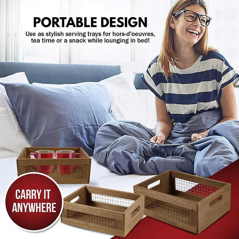 Nesting Countertop Baskets - Wooden Organizer Crates for Kitchen, Bathroom, Pantry | For Fruit, Vegetables, Produce, Br