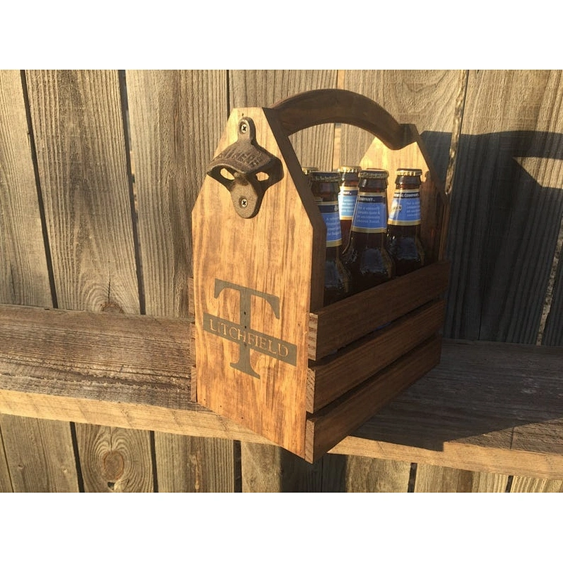 Wooden Wine Tote | Reclaimed Wine Carrier-Personalized Rustic 6-pack beer bottle carrier 12 oz longnecks wood