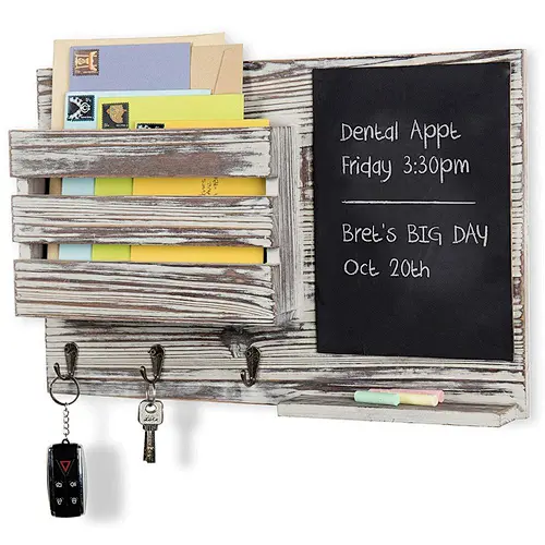 Torched Wood Wall-Mounted Mail Organizer with Chalkboard  key holder