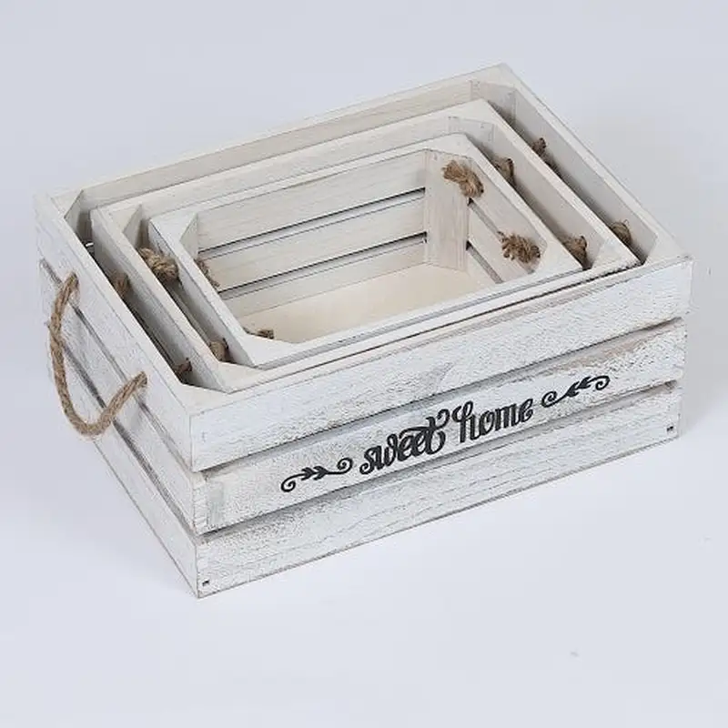 Rustic Decorative-Wooden box- Set of 3 Wood Crates w/ Rope Handles