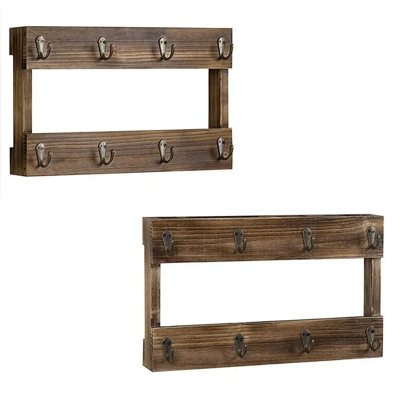 Wall-Mounted Burnt Wood 8-Hook Coffee Mug Hanging Rack, Set of 2