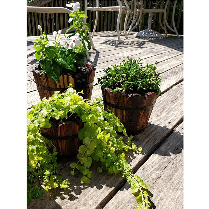 Wooden Bucket Barrel Planters Rustic Patio Planters Flower Pots for Plants Garden Outdoor Indoor Decor  Set of 3