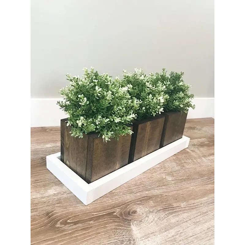 White wood tray with planters Set of 3 brown planters Handmade Flower pots Brown and White Rustic Farmhouse Home Decor