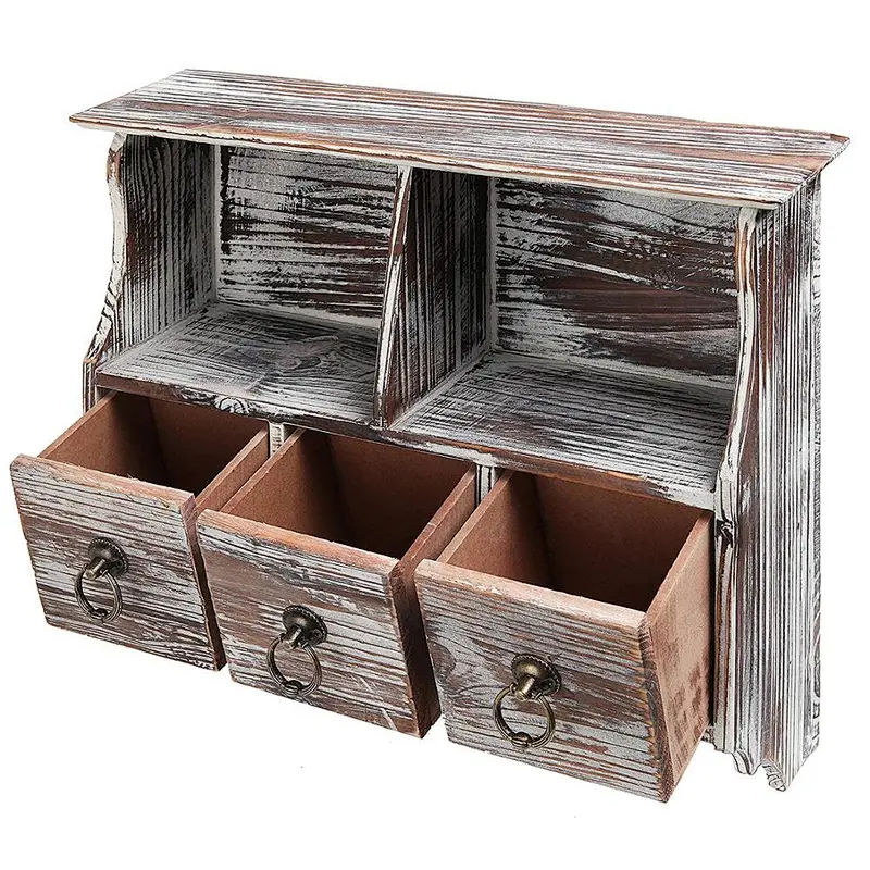 Country Rustic Torched Wood Wall-Mounted Organizer Shelf Rack/Wall Cabinet with Drawers & Metal Hooks