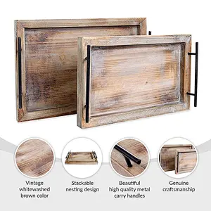 Home Goods Wooden Serving Trays with Handles (2 Pc. Set) Rustic Farmhouse Wood Butler Platters Serve Breakfast Appetizer