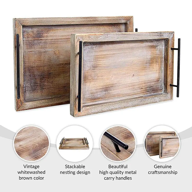 Home Goods Wooden Serving Trays with Handles (2 Pc. Set) Rustic Farmhouse Wood Butler Platters Serve Breakfast Appetizer