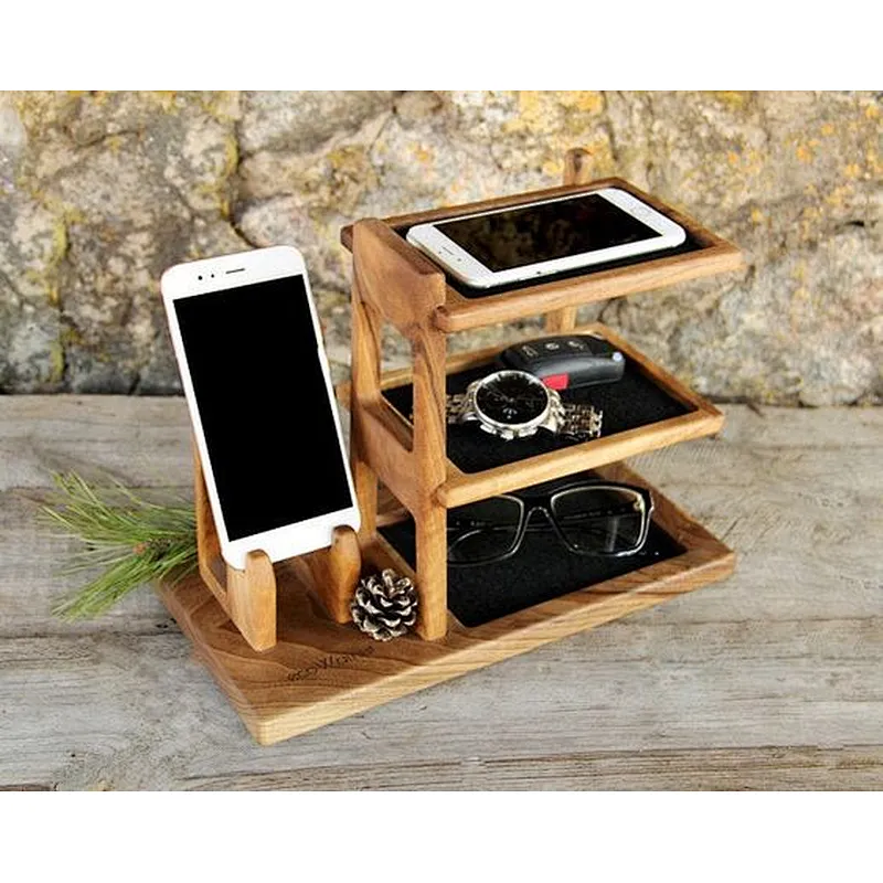 Wooden phone holder phone charging stand 3 layer
