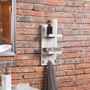 Rustic wood floating wall shelves bathroom shelf with hooks wall mounted home decor wall shelf