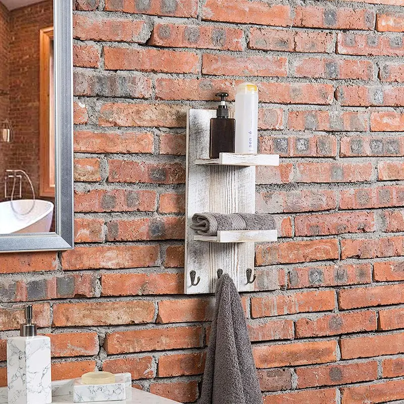 Rustic wood floating wall shelves bathroom shelf with hooks wall mounted home decor wall shelf