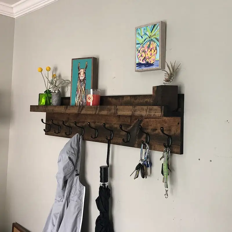 Coat Rack with Shelf  Entryway Organizer Towel Rack Key Hooks Wall Mounted Coat Rack