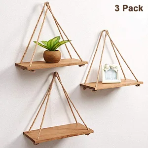 SAND MINE Set of 3 Wood Wall Hanging Shelf  Wood Floating Shelves  Hanging Swing Rope Shelves