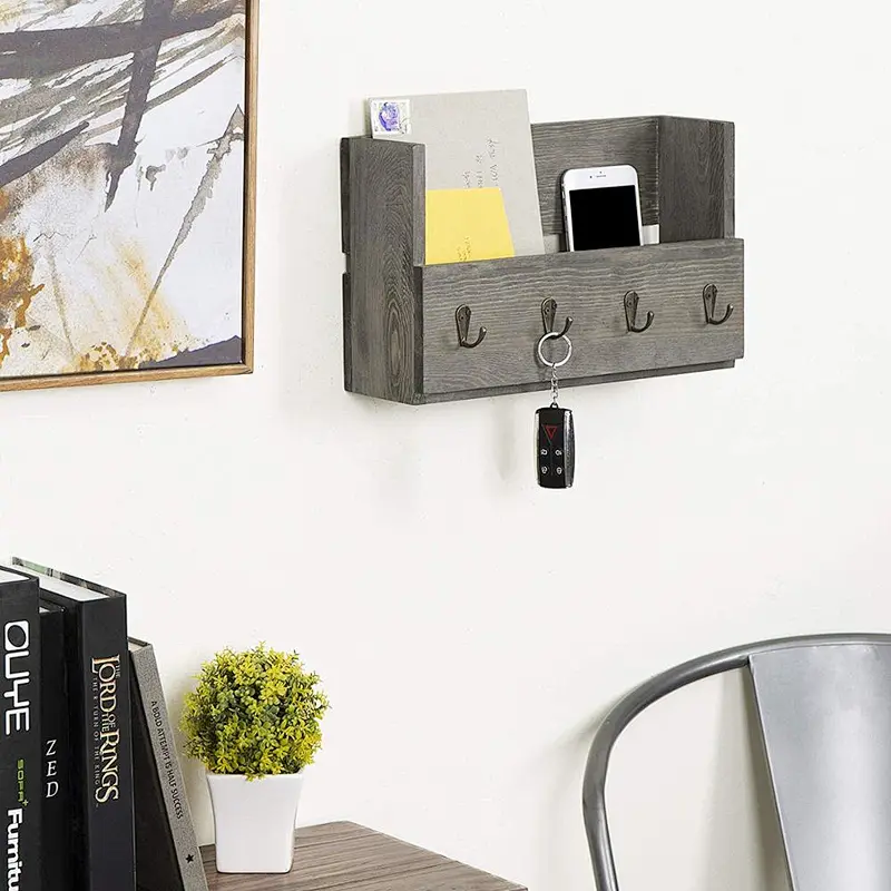 Rustic Gray Wood Wall Mounted Mail Holder Organizer with 4 Key Hooks