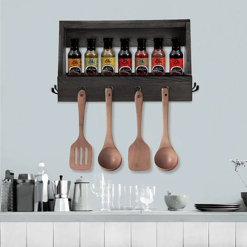 Wooden Wall Mount Mail Holder Organizer with 8 Hooks Coat Rack