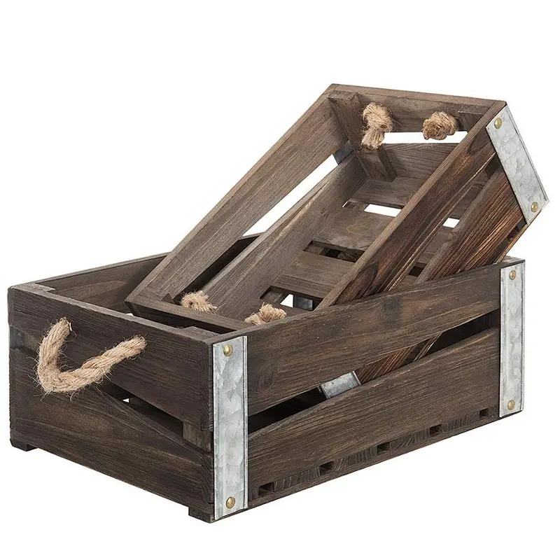 Rustic Wood Nesting Storage Crates with Rope Handles, Set of 2