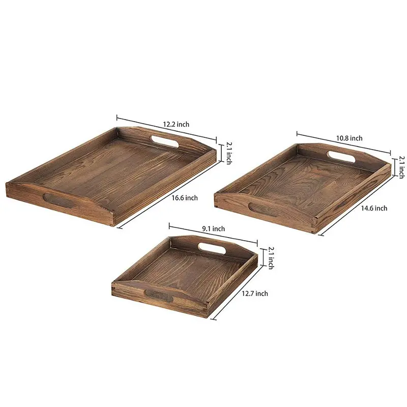 Wooden tray Set of 3 Nesting Brown Wood Serving Trays with Cutout Handles Wooden Appetizer Tray Serving