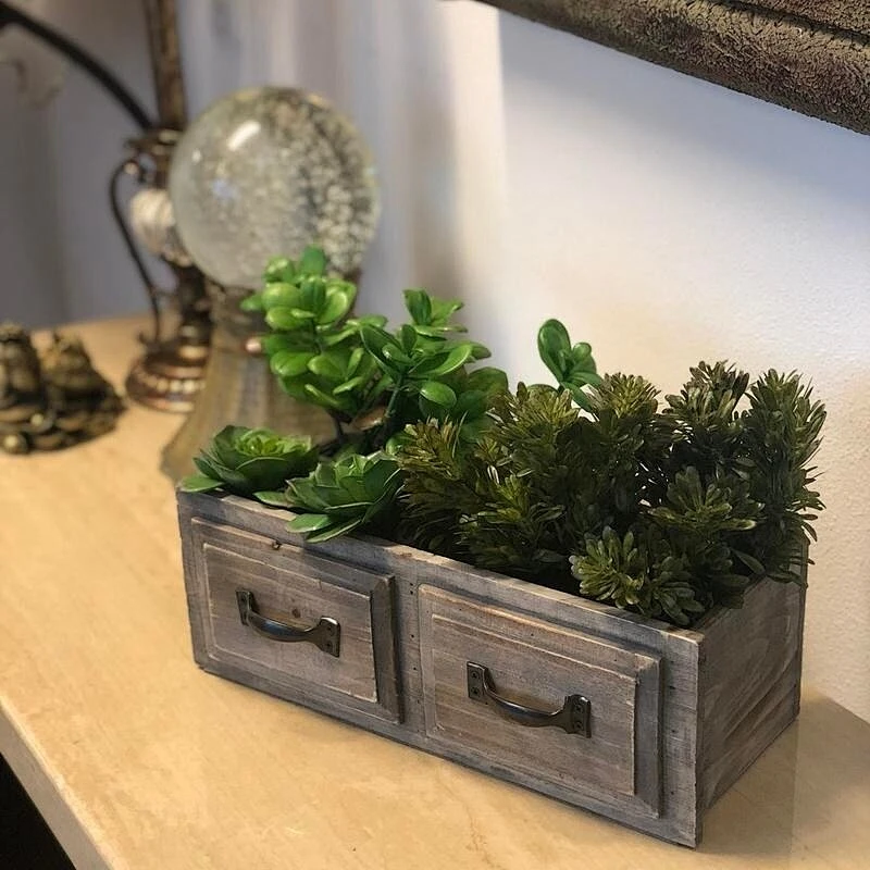 Great for Succulent, Cactus, Herbs, Wooden flower pot-Natural Wood Double Rectangle Drawer Planter Pot
