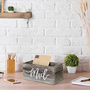 Rustic Torched Wood Tabletop Decorative Mail Holder Box