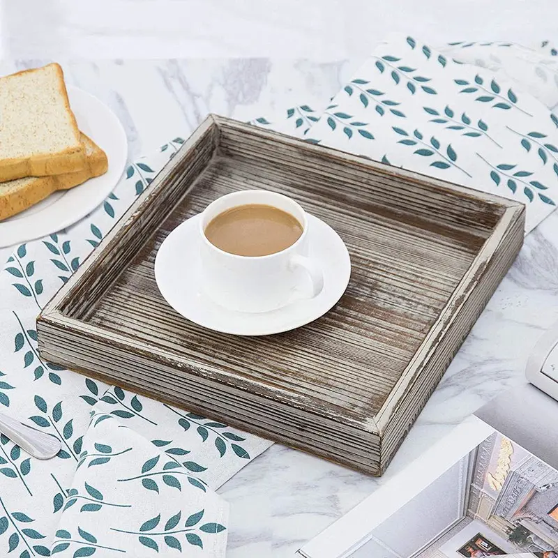 10 inch Torched Wood Decorative Tray, Ottoman Coffee Table Accent