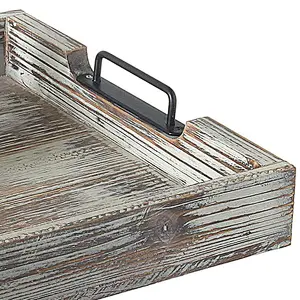Distressed Torched Wood 20-Inch Serving Tray with Modern Black Metal Handles