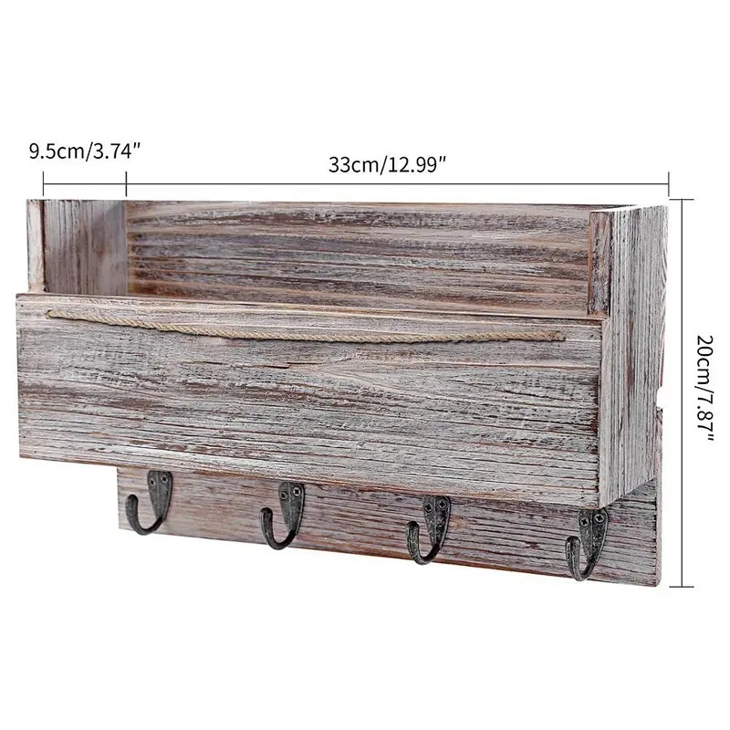Rustic Wood Wall 4 Key Holder Hooks Memo Clips Entryway Organizer for Letter Mail Holder Magazine Holder