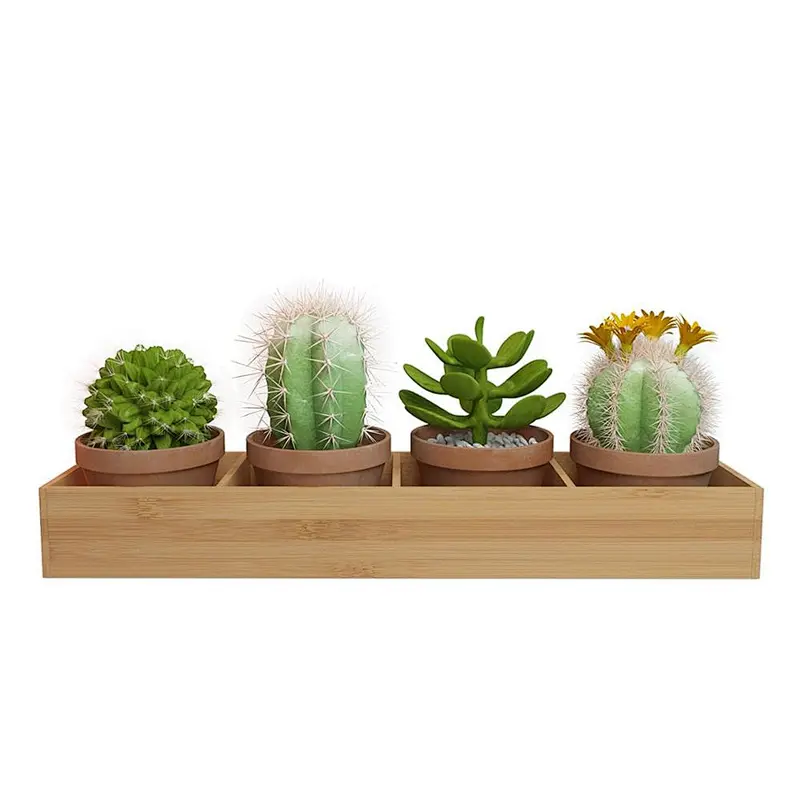 Rectangular Wooden (Bamboo) Window Planter Box Four-sectioned Tray for Succulents Herbs And Flowers