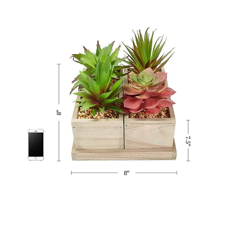 Garden Faux Succulents  Assorted Lifelike Plastic Greenery Arrangement with Decorative Wooden Boxes for Indoor Office