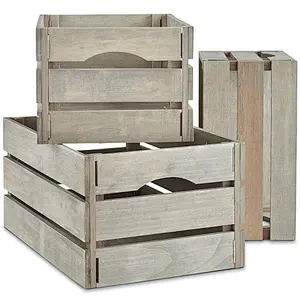 VonHaus Set of 3 Wooden Storage Crates | Rustic Grey Display Boxes w/Handles | Decorative Home Chests for Bathroom, Bedroom