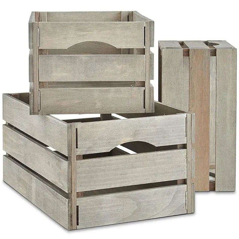 VonHaus Set of 3 Wooden Storage Crates | Rustic Grey Display Boxes w/Handles | Decorative Home Chests for Bathroom, Bedroom