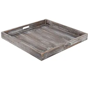 MyGift 18-Inch Square Rustic Torched Wood Ottoman Tray