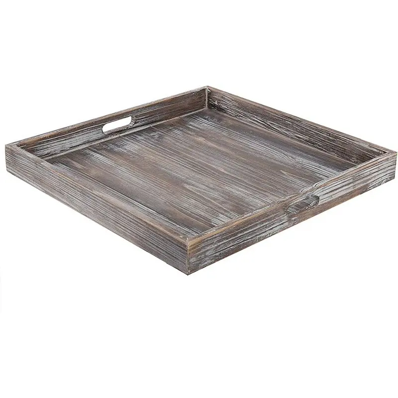 MyGift 18-Inch Square Rustic Torched Wood Ottoman Tray